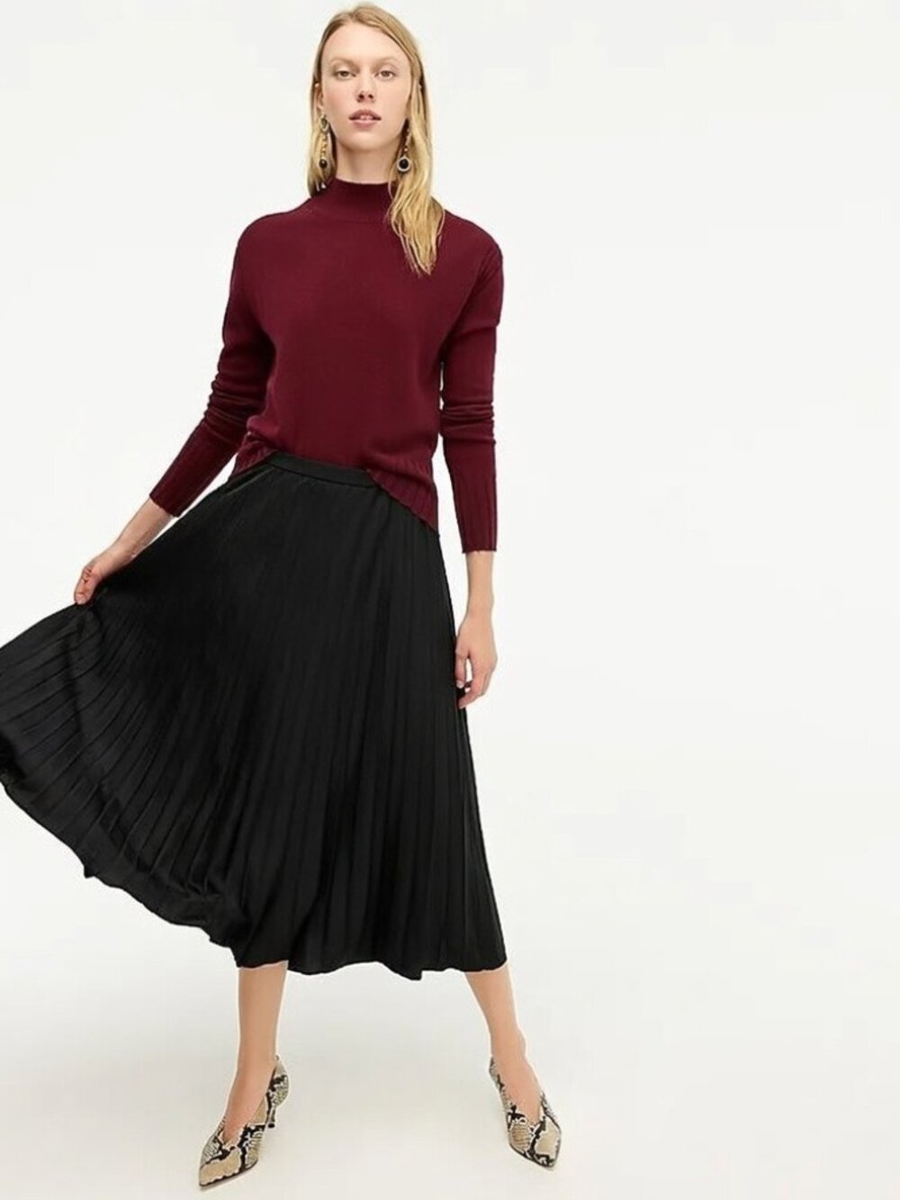 NWT J.Crew Pleated Midi in Black Satin A-line Skirt 12 $98